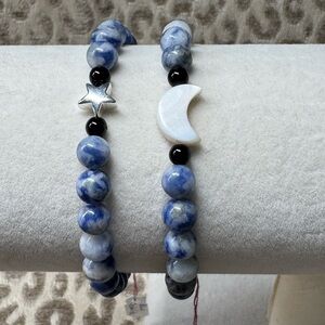 Blue Sodalite Stretch Bracelet Set Star Moon Natural Healing Gemstone Crystals